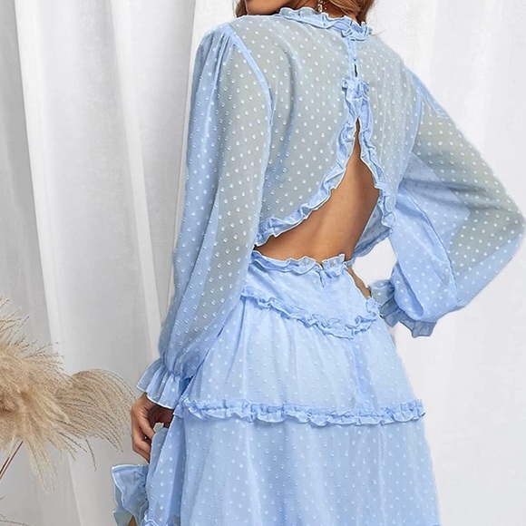 Small Blue Chiffon Long Sleeve V Neck Tiered Flowy Dress - Picture 2 of 4